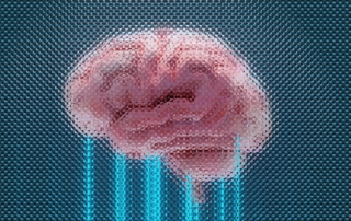 A brain displayed with glowing blue lines.